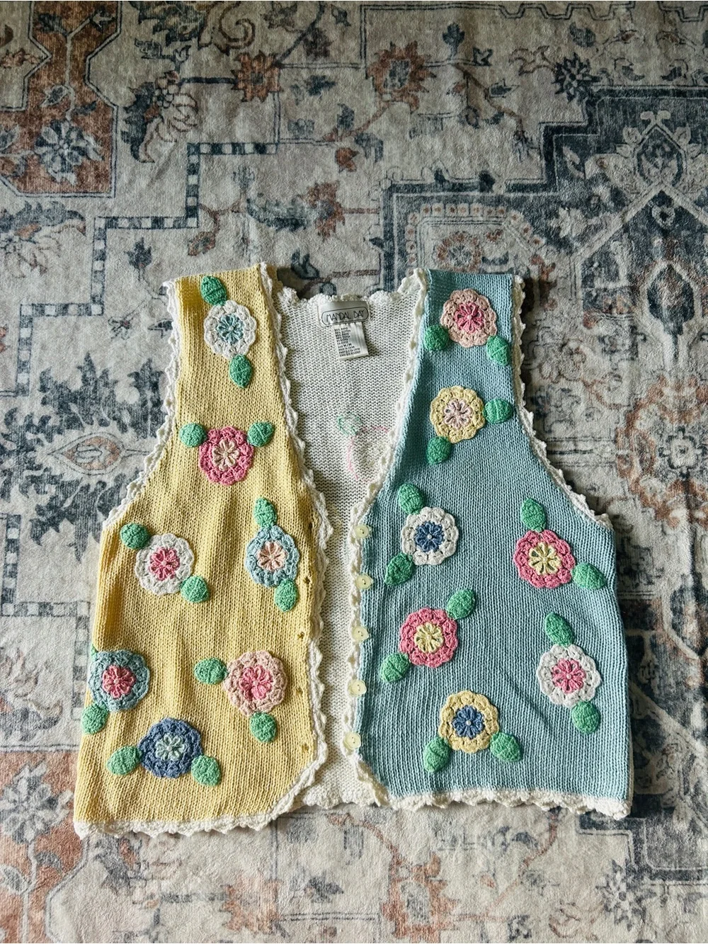 Mandal Bay Floral Crochet Vest in Yellow & Light Blue
